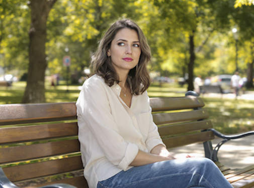 A hyper-realistic portrait of a woman in her late 30s sitting alone on a wooden park bench during a sunny afternoon
